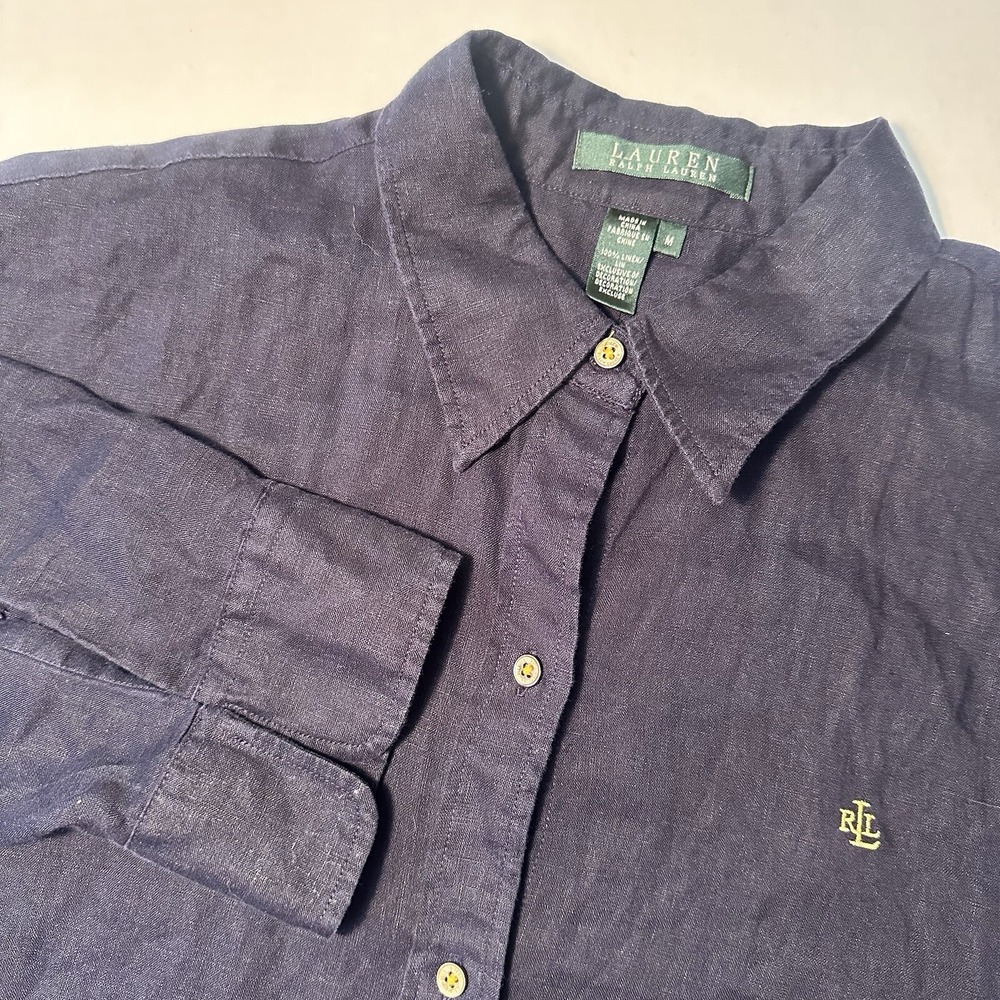 Lauren Ralph Lauren Blue Linen Button Shirt Quarter Sleeve Medium Gold Buttons